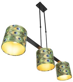 Candeeiro de suspensão com abajures de veludo azul petróleo com dourado 20cm - Combi 3 Deluxe Clássico / Antigo