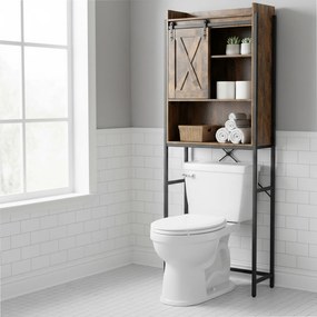 Estante para máquina de lavar ou sob sanita 64 x 24 x 171 cm com armário castanho rustico-preto