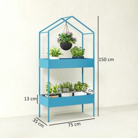 Prateleira para plantas de 2 níveis 75 x 35 x 150 cm, suporte para plantas em metal com gancho, suporte para vasos em forma de casa, azul
