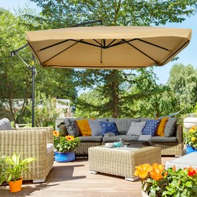 Outsunny Chapéu de Sol de Jardim 296x296x265cm Chapéu de Sol Excêntrico com Rede Mosquiteira manivela Base Cruzada e Suporte de Aço para varanda Pátio Exterior Bege