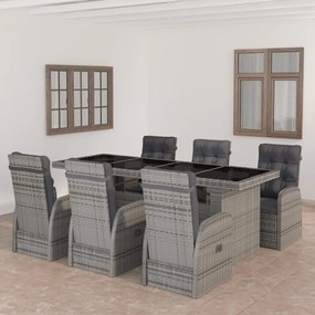 vidaXL 7 pcs conjunto jantar exterior com almofadões vime PE cinzento