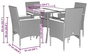 5 pcs conjunto jantar jardim c/ almofadões vime PE/vidro cinza