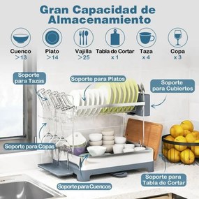 Escorredor de pratos em aço inoxidável de 2 níveis com suporte para louça, pratos, tigelas, copos, tábuas de cortar e organizador de utensílios cinza