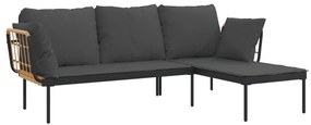 3pcs conjunto lounge jardim c/ almofadões cinza-escuros vime PE
