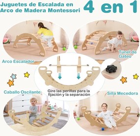 Cavalo de baloiço crianças escalador de madeira com arco de escalada, baloiço e túnel para gatinhar com assento para 1 a 5 anos 112 x 52 x 44 cm Natur