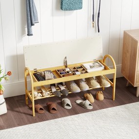 Banco de bambu para sapatos 101 x 31 x 51 cm com tampa rebatível acolchoada, compartimento oculto para sala Bege