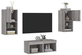 vidaXL 4 pcs móveis de parede para TV com luzes LED cinzento sonoma