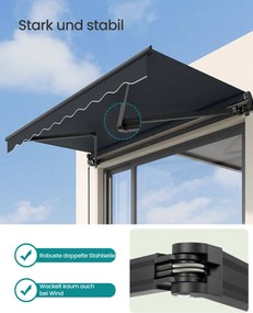 Toldo varanda articulado 250 x 200 cm com manivela para uma proteção solar fiável, cinzento