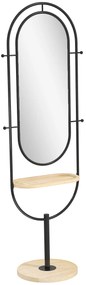 HOMCOM Espelho de Corpo Inteiro Oval com Tampo de Madeira 4 Ganchos e Moldura de Metal 50x40x175,5 cm Preto | Aosom Portugal