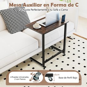 Mesa auxiliar em forma de C com rodas 60 x 39,5 x 66 cm, ranhura para telefone integrada, base baixa para poupar espaço, para sala e quarto, Castanho