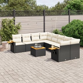 9 pcs conjunto de sofás p/ jardim c/ almofadões vime PE preto