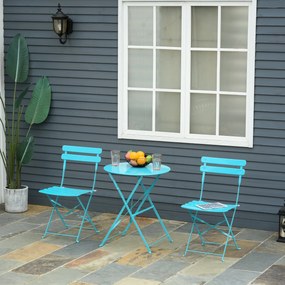 Outsunny Conjunto de móveis de jardim dobrável de 3 peças Mesa de metal e 2 cadeiras para varanda Terraço Exterior Ø60x71 cm azul