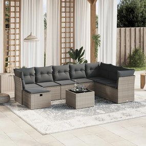 9 pcs conjunto sofás p/ jardim com almofadões vime PE cinzento