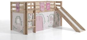 Conjunto Cama alta de Criança PINO 90 x 200 cm + estrado + escada + escorrega + cortina + bolsas de arrumação Pássaros Natural