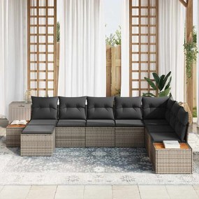 Sofá de Jardim de 8 Peças com Almofadas em Cinza Polyrattan e Acácia