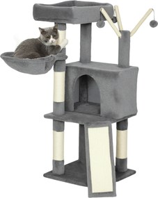 Arranhador para gatos com torre de brincadeiras, arranhadores e tapetes de sisal, plataforma, compartimentos abertos, rede, 40,5 x 40,5 x 103 cm, cinz