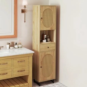 Armário estreito 170 cm de altura de rattan com portas, estantes e gavetas para sala de estar e jantar Natural