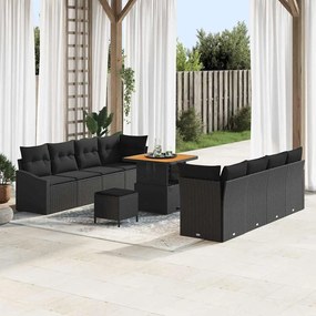 Conjunto de Sofá de Jardim vidaXL com Almofadas Preto Rattan Polipropileno Acácia