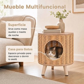 Casa para Gatos, 36 x 36 x 41 cm, Mesa de Apoio e Cama, Natural