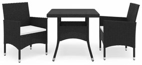 3 pcs conjunto jantar p/ jardim vime PE e vidro temperado preto
