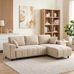 Sofá Chaise Longue Reversível de 3 Lugares com 2 Almofadas Tecido Efeito Linho Estrutura em Aço 242x156x87 cm Bege