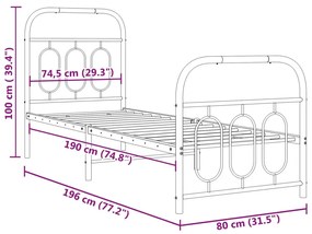 Estrutura de cama com cabeceira e pés 75x190 cm metal branco