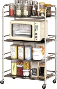 Carrinho cozinha, com 4 níveis, em aço inoxidável 201, com pegas e rodas, 60 x 35 x 100 cm, prateado