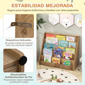 Estante infantil 91 x 38 x 76,5 cm de 5 níveis com pequeno porta-revistas para quarto infantil, sala de estar ou creche Natural