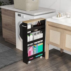 Carrinho de cozinha de arrumação estreito com 4 Estantes Rodas Organizador Móvel Economizador de Espaço para a Casa de Banho 48 x 13 x 81 cm Preto e N