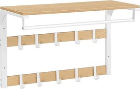 Cabide de parede VASAGLE, prateleira de parede com 10 ganchos removíveis, varão para roupas, ganchos para casacos com prateleira, para entrada, quarto, banheiro, cor carvalho e branco LCR101W09