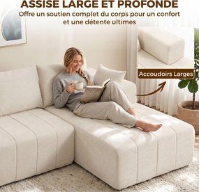 Sofá-Cama de Canto com Chaise Longue, 256 x 158 x 85 cm, Assento com Molas Ensacadas, Bege