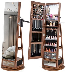 Armário para joias giratório 360° com fechadura, espelho de corpo inteiro e luzes LED - marrom rústico