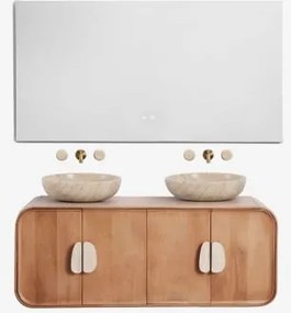 Conjunto De Móvel De Casa De Banho Dupla Suspensa 130x45 Cm Em Madeira De Manga E Pedra Natural Kivalina Retangular Led E Anti-embaciamento 140x75 Cm