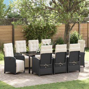 vidaXL Conjunto de Jantar para o Jardim de 9 Peças com Almofadas em Rattan Poliéster Preto