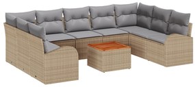 vidaXL Conjunto de Sofá de Jardim de 10 Peças com Almofadas Bege Rattan Polimérico Acácia