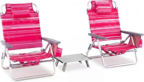 Conjunto de 3 peças: mesa e cadeiras de praia com cadeiras reclináveis, mesa dobrável em alumínio e mochila com 5 posições, com riscas cor-de-rosa