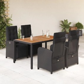 5 pcs conjunto de jantar p/ jardim c/ almofadões vime PE preto