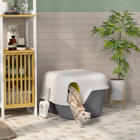 Caixa de areia para gatos 50 x 50 x 39 cm, casa de higiene para gatos, com tampa superior que se fecha e abre, creme, cinzento