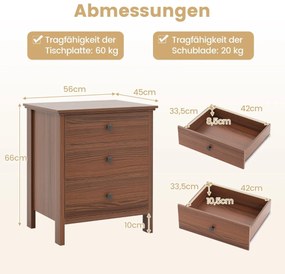 Mesinha de cabeceira com 3 gavetas 56 x 45 x 66 cm cor nogueira
