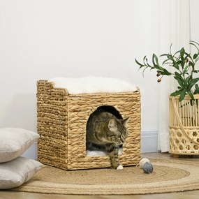 Compartimento aberto para gatos de 2 andares com 2 almofadas em jacinto-d'água - 37,5 x 37,5 x 41,5 cm castanho-creme