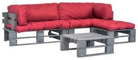 275313 vidaXL Conj. lounge de paletes 4 pcs com almofadões vermelhos madeira