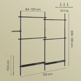 Guarda Roupa de 3 níveis, ajustável em altura e largura aberto com 4 varões e 2 prateleiras 33,5 x (162-238) x (220-300) cm preto