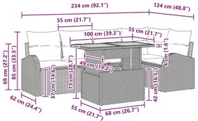 Conjunto de Jantar de Jardim com 6 Peças e Almofadas Cinza em Rattan S