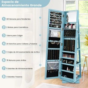 Espelho giratório 360° para joias com espelho de corpo inteiro Organizador de joias com espelho para maquilhagem 39 x 39 x 161 cm Azul
