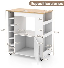 Carrinho de cozinha com rodas, toalheiro e tampa de bambu para sala de jantar e bar Estante para 6 garrafas de vinho 76 x 44 x 89 cm Branco