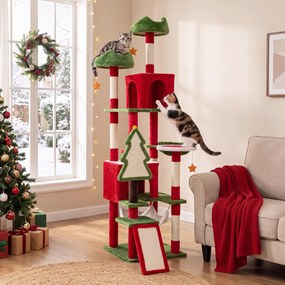 Árvore para Gatos em Forma de Árvore de Natal, 86 x 85 x 191 cm, 6 Níveis, Vermelho+Verde