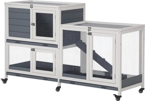 PawHut Coelheira de Madeira com Rodas 147x45,5x88,5cm Gaiola para Coelhos de 2 Níveis com Teto Abatível 2 Cercados de Metal Cinza | Aosom Portugal
