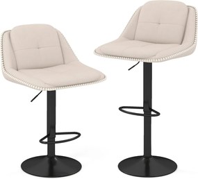 Conjunto de 2 bancos de bar modernos estofados em chenille com altura ajustável, encosto e assento acolchoados, apoio para os pés e giratórios, bege
