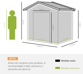 Abrigo de Jardim de 4,1 m² 236x174x190 cm para Armazenamento de Ferramentas com Portas e 4 Janelas de Ventilação Verde