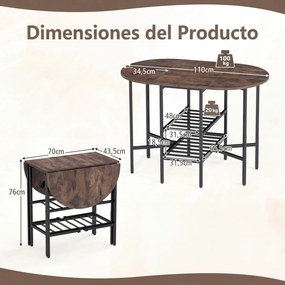 Mesa de jantar extensível e dobrável com 2 extensões rebatíveis 110 x 70 x 76 cm, 2 prateleiras de arrumação e Estrutura metálica para espaços pequeno